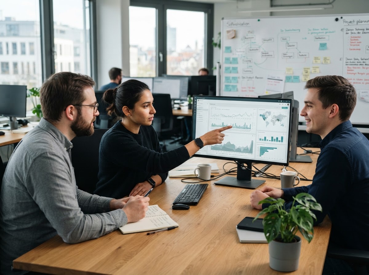 Lyganius AI team reviewing predictive analytics data on multiple screens